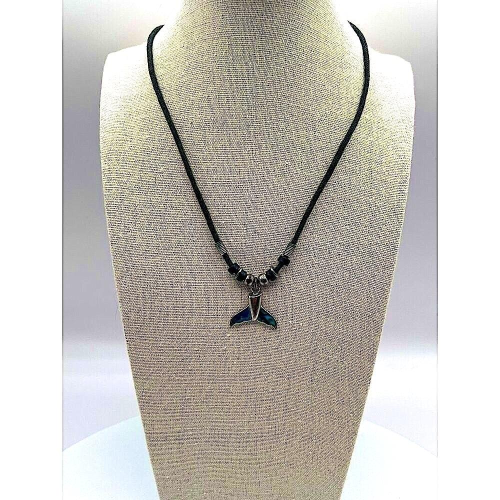 Handcrafted Whale Tail Necklace With Blue Inlay & Beaded Cord For Ocean Lovers - Picture 2 of 6